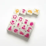 Tiles with pink insurance icons (home, umbrella, health, travel, money) arranged on a white background for protection concepts