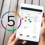 Tablet displaying a dashboard UI with charts and cards, overlaid by a colorful circular '5' graphic.
