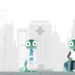 Three cartoon dinosaurs in safety gear stand on a city street with a hospital building in the background (construction scene).
