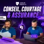 Two bearded men at a construction site compare insurance options, split left (Sans AssurPresto) and right (Avec AssurPresto) with a central VS symbol and bold purple text above.