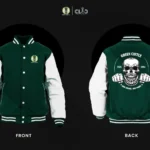 Green varsity jacket with white sleeves, front logo on left chest and striped cuffs, collar, and pockets visible (front view).