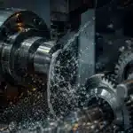 Close-up of a metalworking lathe turning a cylindrical shaft, with coolant sprays and metal chips flying around the cutting area.