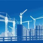 White-line outlines of construction cranes and scaffolding against a blue sky, depicting a high‑rise building site in a blueprint-like style.