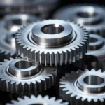 Close-up of interlocking metal gears with polished surfaces in an industrial machine.