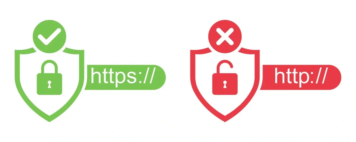 Left: green shield with a checkmark and padlock over'https://' indicating a secure connection; right: red shield with an X and padlock over 'http://' indicating an insecure connection.