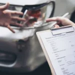 Clipboard with a Personal Accident Claim Form held near a damaged car involved in a collision. The scene shows hands reaching toward the vehicle for discussion or documentation.]?