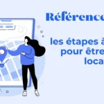 referencement-seo-local-etapes-visible-googlejpg - Agence 47 Illustration of two people with a large tablet map and a search bar, promoting local SEO steps to be visible locally in French.",