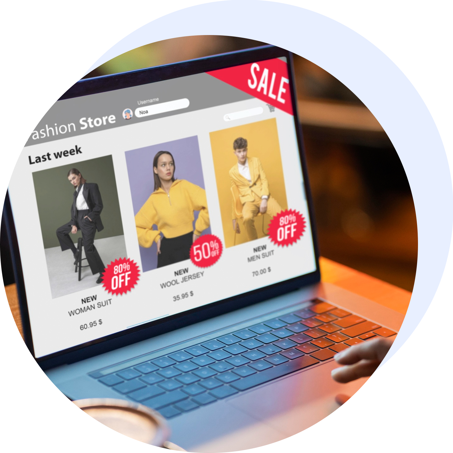 site - Agence 47 Laptop displaying an online fashion store with three model images and prominent sale badges (80% OFF, 50% OFF).