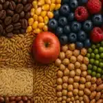 490233959_122095964708841273_2198558505374991509_n - Agence 47 A colorful collage of foods: apples, berries, seeds, grains, and legumes arranged in a grid.
