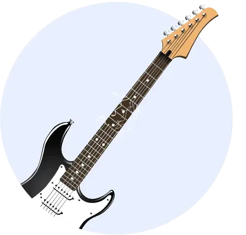 Electric electric guitar tilted diagonally, black body with white pickguard, maple neck and chrome hardware against a pale blue circular background.