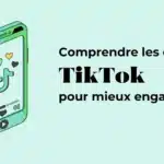 comprendre-codes-tiktokjpg - Agence 47 Illustration of a teal smartphone with TikTok logo and floating hearts on a mint background, accompanying French text about understanding TikTok codes.
