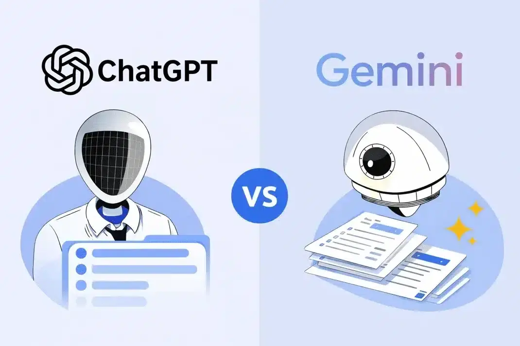 Split-screen comparison of AI assistants: left shows ChatGPT logo with a robotic figure and a dashboard; right shows Gemini logo with a robotic eye and stacked documents, VS in the center.
