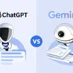 Split illustration comparing ChatGPT and Gemini: left shows a humanoid robot with a task board; right shows a robot eye with stacked documents, VS in the center.