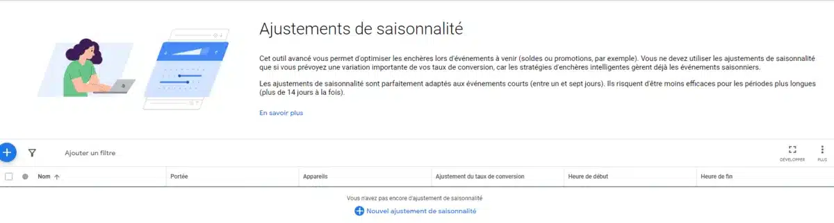 iage-1 - Agence 47 Illustration and header for 'Ajustements de saisonnalité'—a person at a laptop beside a seasonality dashboard panel in a French UI.