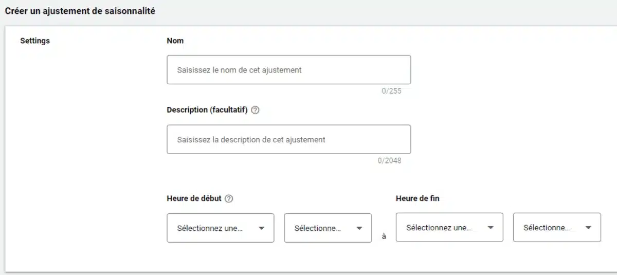 iage-2 - Agence 47 Formulaire de création d'un ajustement de saisonnalité : champs Nom et Description avec dates et périodes à sélectionner.