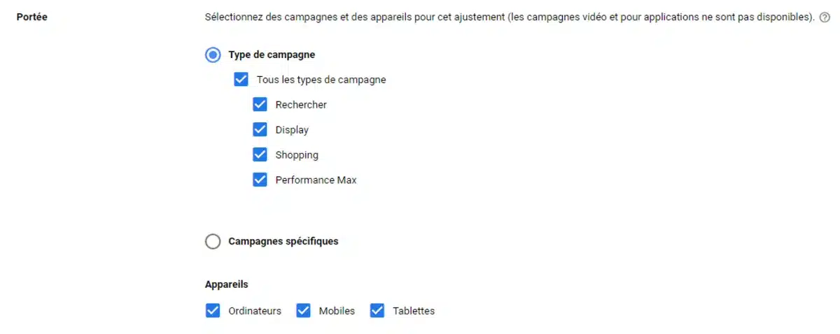 iage-3 - Agence 47 Interface de sélection des campagnes: tous types (Rechercher, Display, Shopping, Performance Max) cochés; campagnes spécifiques non sélectionnées; appareils: ordinateurs, mobiles et tablettes cochés.