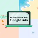 Laptop displaying 'La saisonnalité avec Google Ads' over a four-season collage (flowers, beach, leaves, snow).