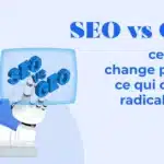 Robot presenting a screen that reads 'SEO vs GEO' in bold blue letters, with a French subtitle on the right side.