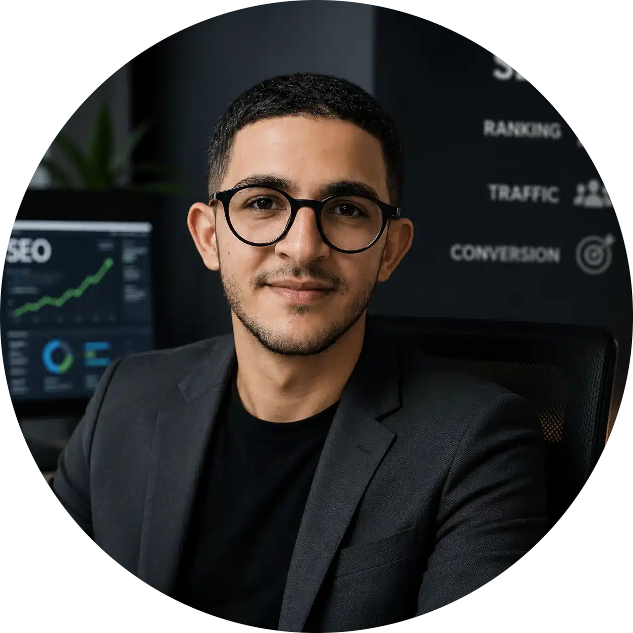 Professional man with round glasses in a dark blazer, seated at a desk with analytics charts on a monitor in the background.