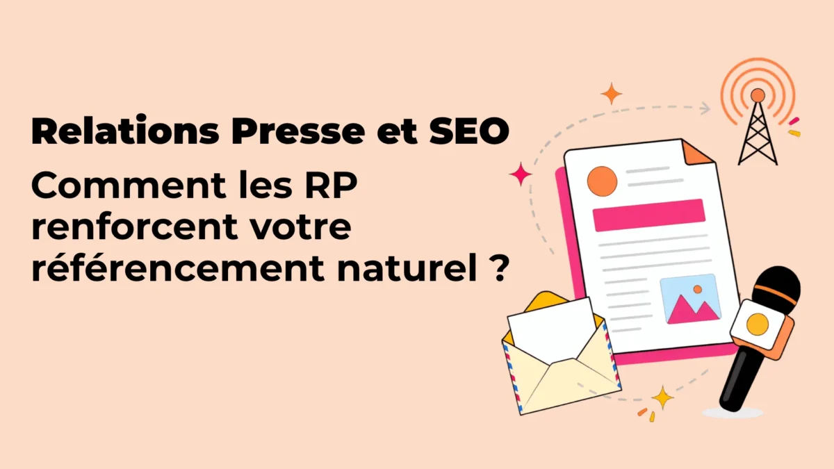 Titre: Relations Presse et SEO. Illustration d’un document, enveloppe et antenne radio sur fond peach pour un article sur les RP et le référencement naturel.
