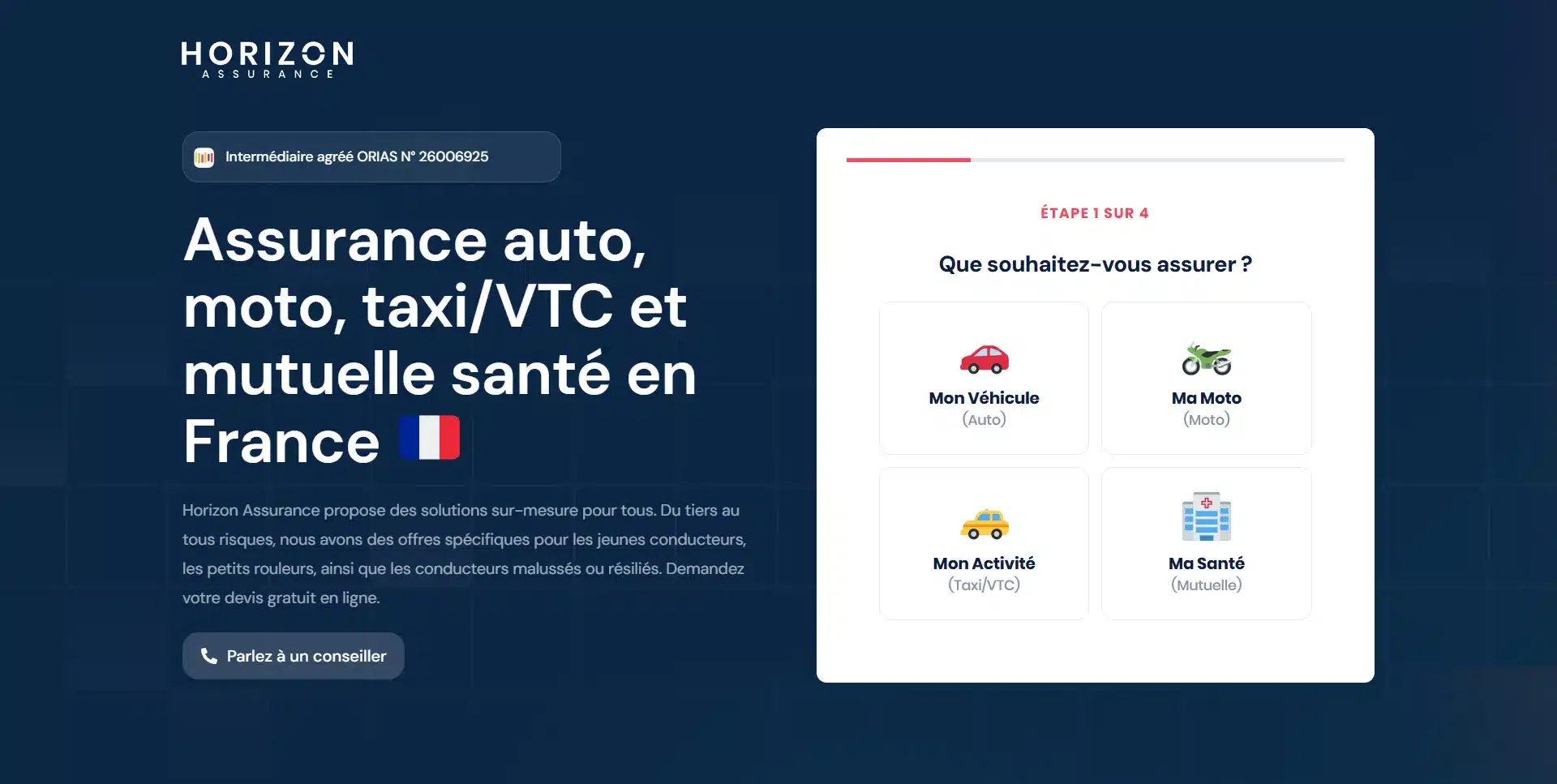 Horizon Assurance hero: dark blue background with a large white headline about auto, moto, taxi/VTC and health insurance in France (France flag icon).
