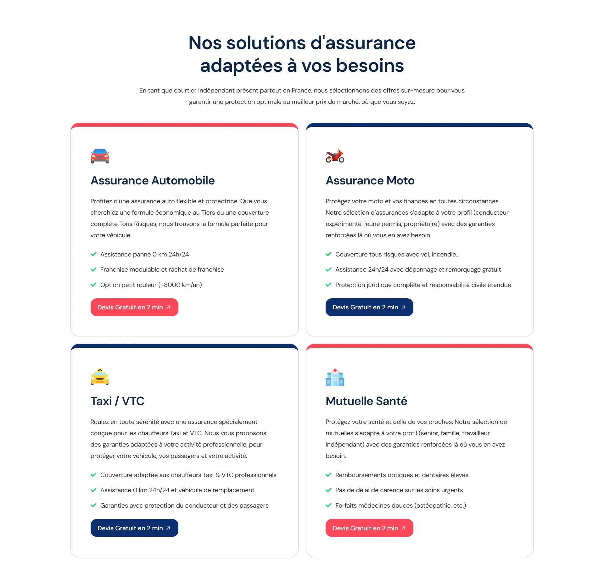 Two insurance plan cards (Automobile and Moto) with icons and a 'Devis Gratuit en 2 min' button below each card.