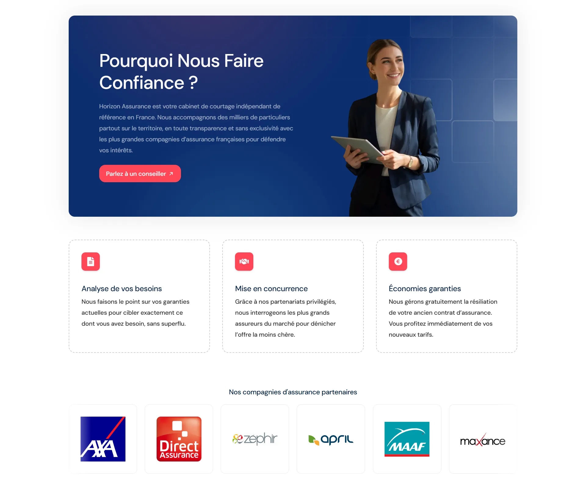 Bannière héro en dégradé bleu avec une femme d'affaires tenant une tablette à droite et le titre « Pourquoi Nous Faire Confiance ? » avec le bouton rouge « Parlez à un conseiller ».