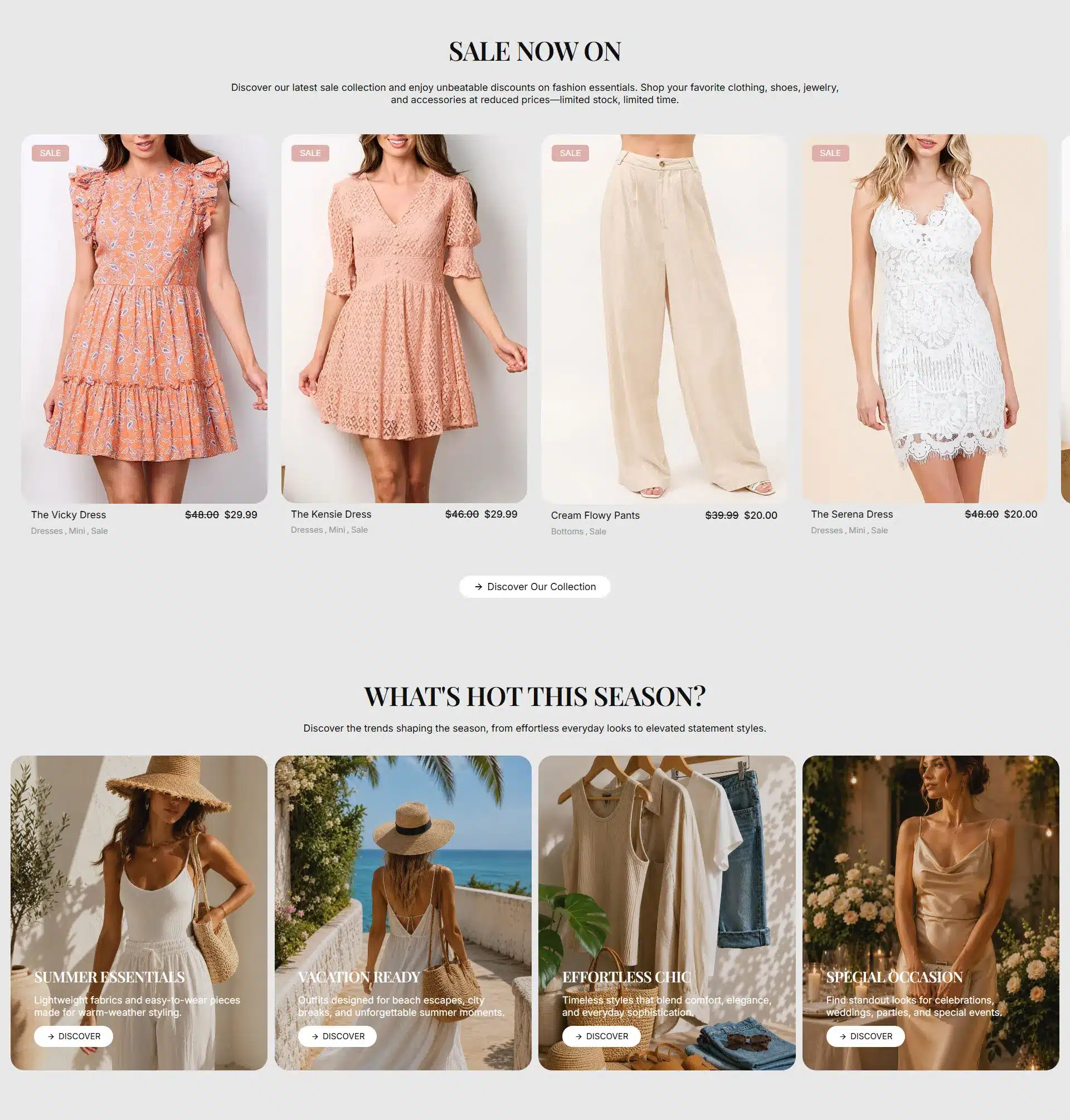 Carousel of fashion items: The Vicky Dress, The Kensie Dress, Cream Flowy Pants, The Serena Dress with sale tags shown from left to right (four product tiles).