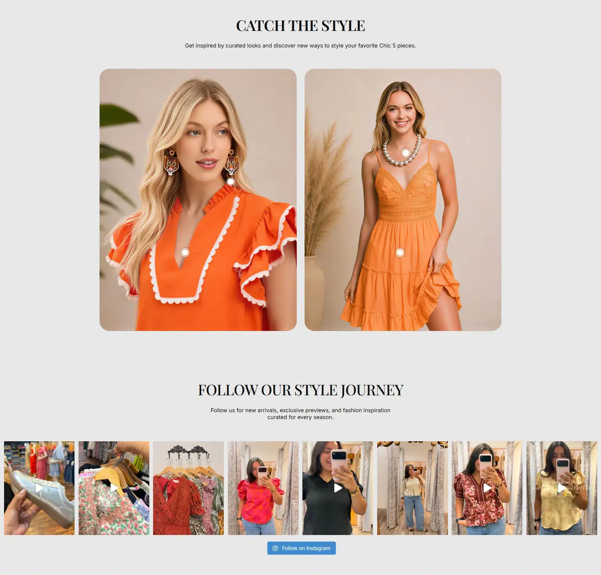 Two models in orange dresses pose side by side in rounded-card photos for a fashion lookbook hero on a gray background.