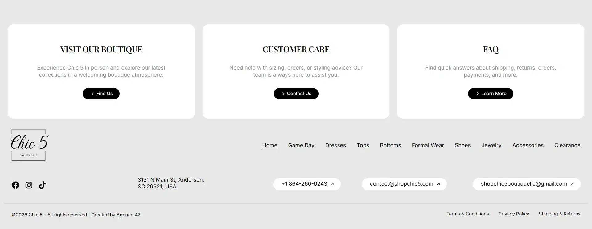 Footer section with three white cards: Visit Our Boutique, Customer Care, and FAQ, each with a short description and a black rounded CTA button. Includes Chic 5 Boutique logo, social icons, and contact info in the gray footer area.