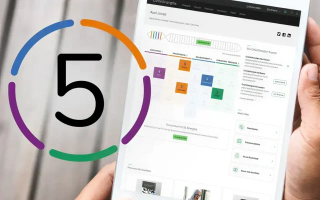 Tablet displaying a dashboard UI with charts and cards, overlaid by a colorful circular '5' graphic.