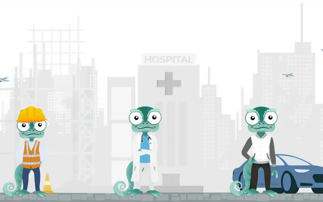 Three cartoon dinosaurs in safety gear stand on a city street with a hospital building in the background (construction scene).