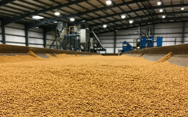 Indoor pellet processing plant: a long bed of orange wood pellets on a production line, with machinery and steel framework in the background.