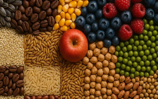 A colorful collage of foods: apples, berries, seeds, grains, and legumes arranged in a grid.