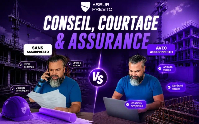 Two bearded men at a construction site compare insurance options, split left (Sans AssurPresto) and right (Avec AssurPresto) with a central VS symbol and bold purple text above.