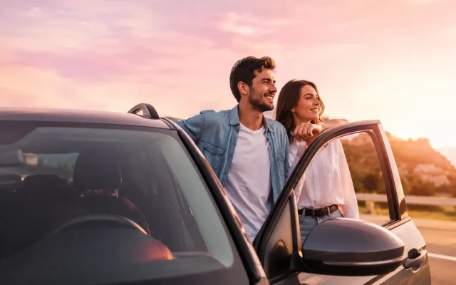 Couple leaning out of an open car door at sunset, smiling and enjoying the view.