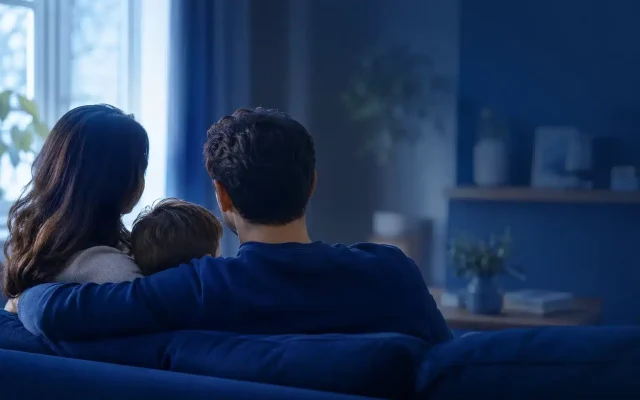 Back view of a family of three cuddled on a blue sofa watching television in a dim living room with blue lighting.