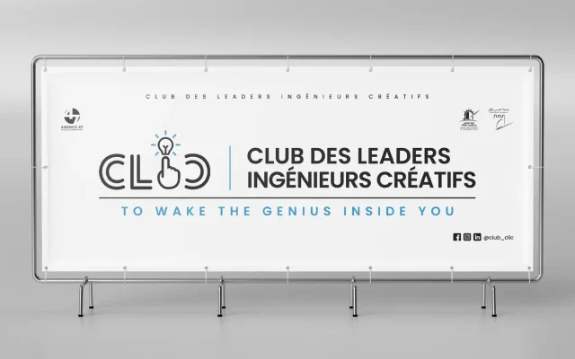 Billboard ad for Club des Leaders Ingénieurs Créatifs with logo, bold title, and the tagline 'To Wake the Genius Inside You'.