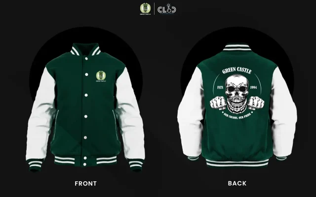 Green varsity jacket with white sleeves, front logo on left chest and striped cuffs, collar, and pockets visible (front view).