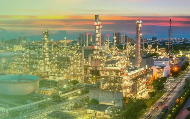 Industrial refinery complex at sunset with tall processing towers and numerous illuminated pipes.