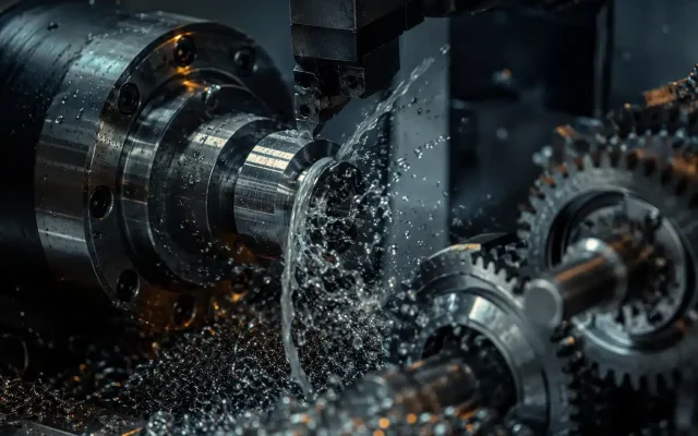 Close-up of a metalworking lathe turning a cylindrical shaft, with coolant sprays and metal chips flying around the cutting area.