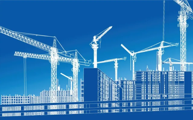White-line outlines of construction cranes and scaffolding against a blue sky, depicting a high‑rise building site in a blueprint-like style.