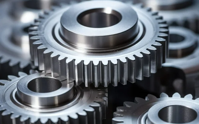 Close-up of interlocking metal gears with polished surfaces in an industrial machine.