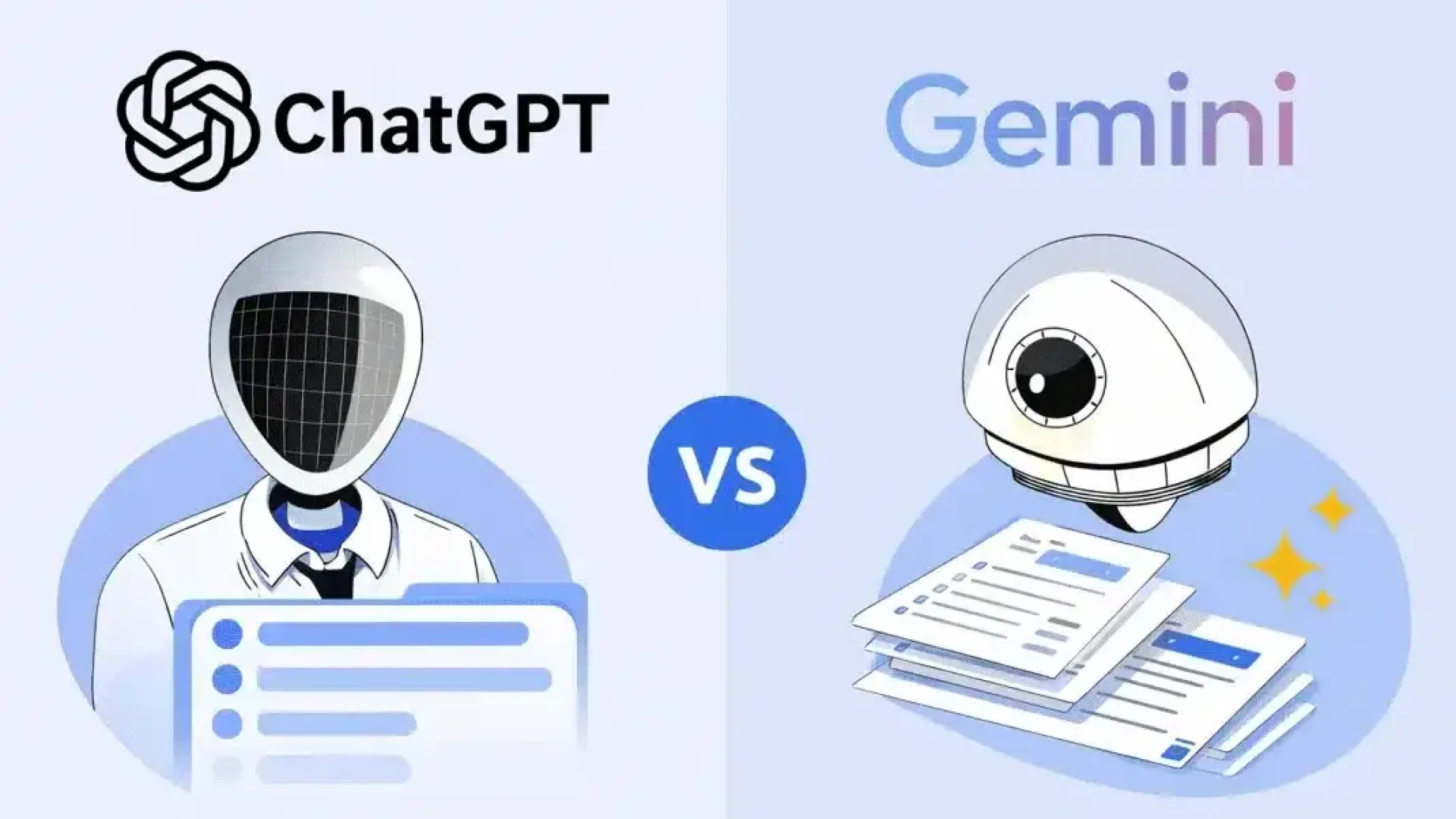 Split illustration comparing ChatGPT and Gemini: left shows a humanoid robot with a task board; right shows a robot eye with stacked documents, VS in the center.