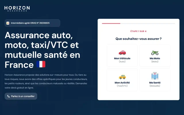 Horizon Assurance hero: dark blue background with a large white headline about auto, moto, taxi/VTC and health insurance in France (France flag icon).